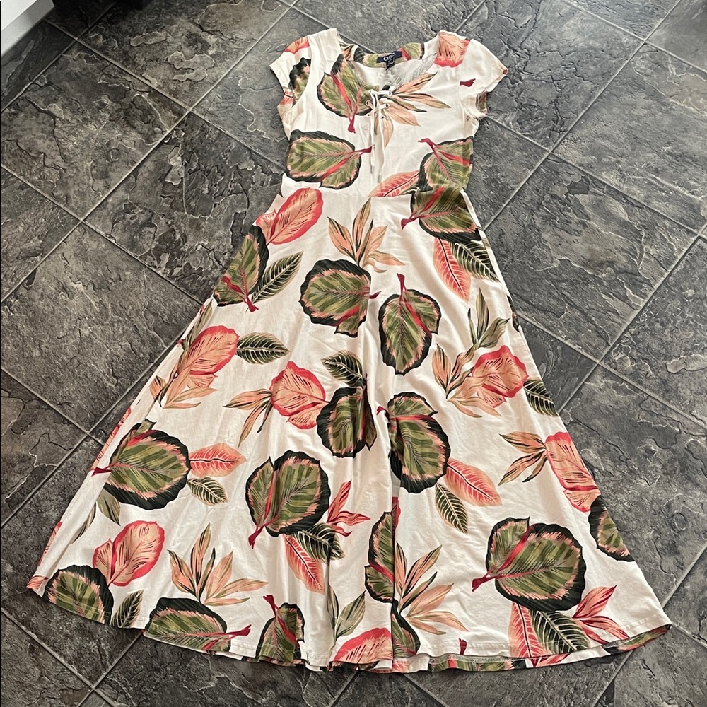 CHAPS Tropical Floral A-line Full Skirt Lace Front Cotton Midi Dress Old Money